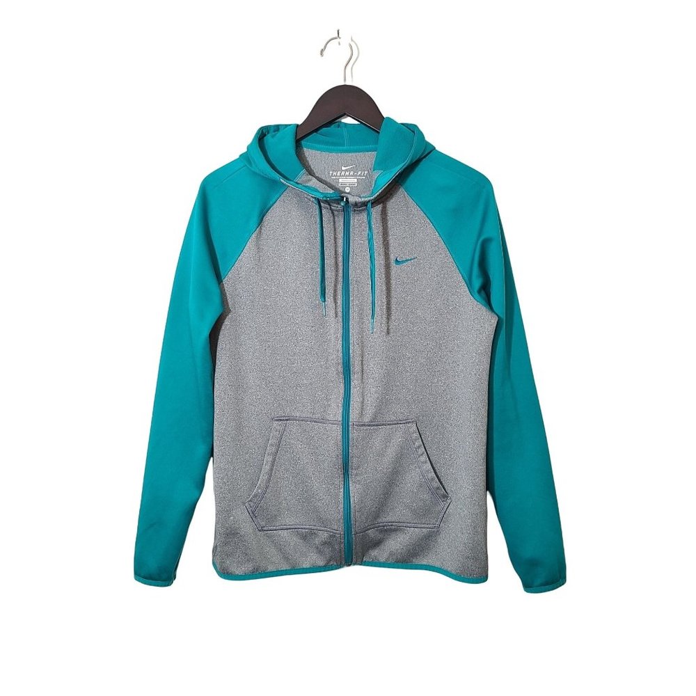 Nike Therma-Fit Zip Up Hoodie Jacket Teal & Gray Sz M Long Sleeves Thumbholes